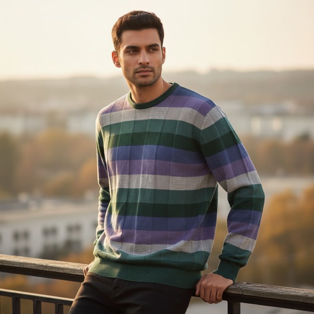 Vintage Castri Men’s Italian Sweater Cotton Striped Green Purple M - Picture 10 of 10